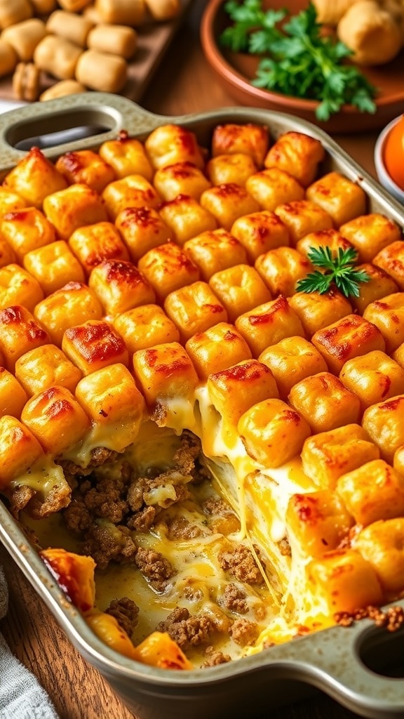 A golden tater tot casserole with ground beef and melted cheese, served in a rustic dish.